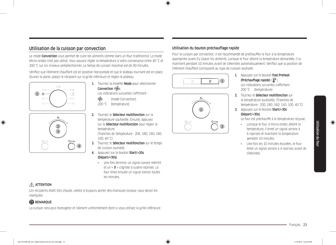 Samsung MC455TERCBB/EN manual Utilisation de la cuisson par convection, Utilisation du bouton préchauffage rapide 