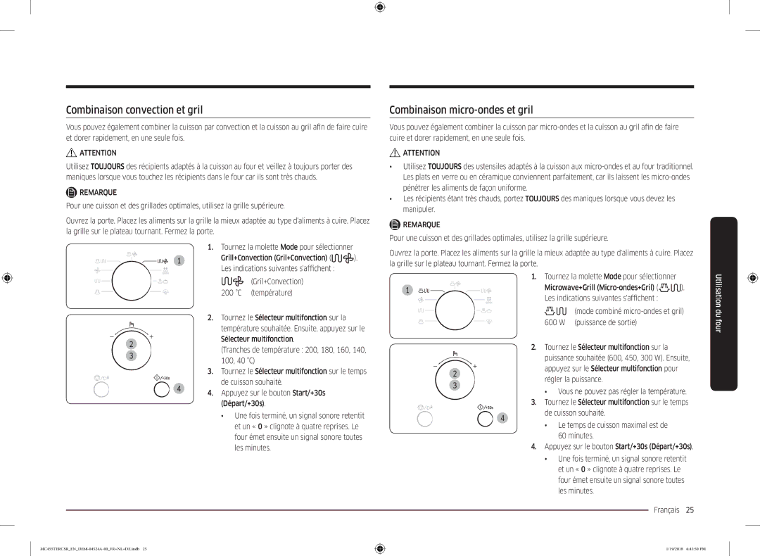 Samsung MC455TERCBB/EN manual Combinaison convection et gril, Combinaison micro-ondes et gril, Sélecteur multifonction 