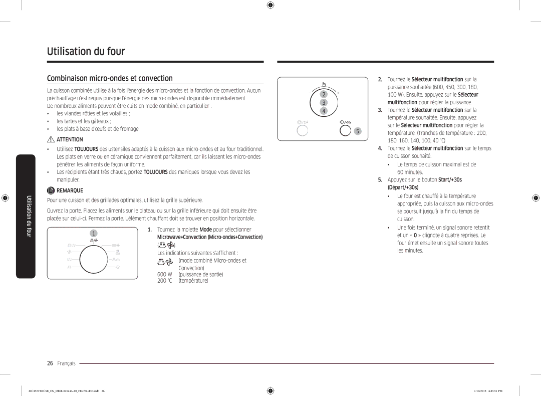 Samsung MC455TERCBB/EN manual Combinaison micro-ondes et convection, Les indications suivantes saffichent 