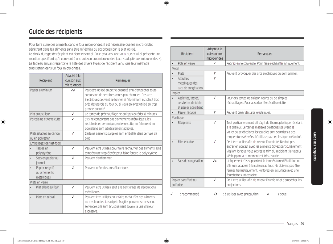 Samsung MC455TERCBB/EN manual Guide des récipients 