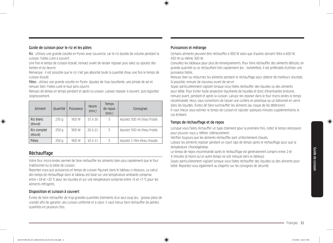 Samsung MC455TERCBB/EN manual Réchauffage, Guide de cuisson pour le riz et les pâtes, Disposition et cuisson à couvert 