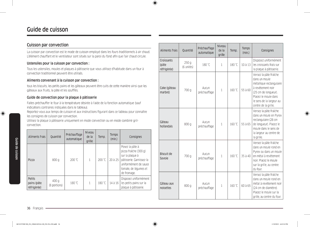 Samsung MC455TERCBB/EN manual Cuisson par convection, Ustensiles pour la cuisson par convection 