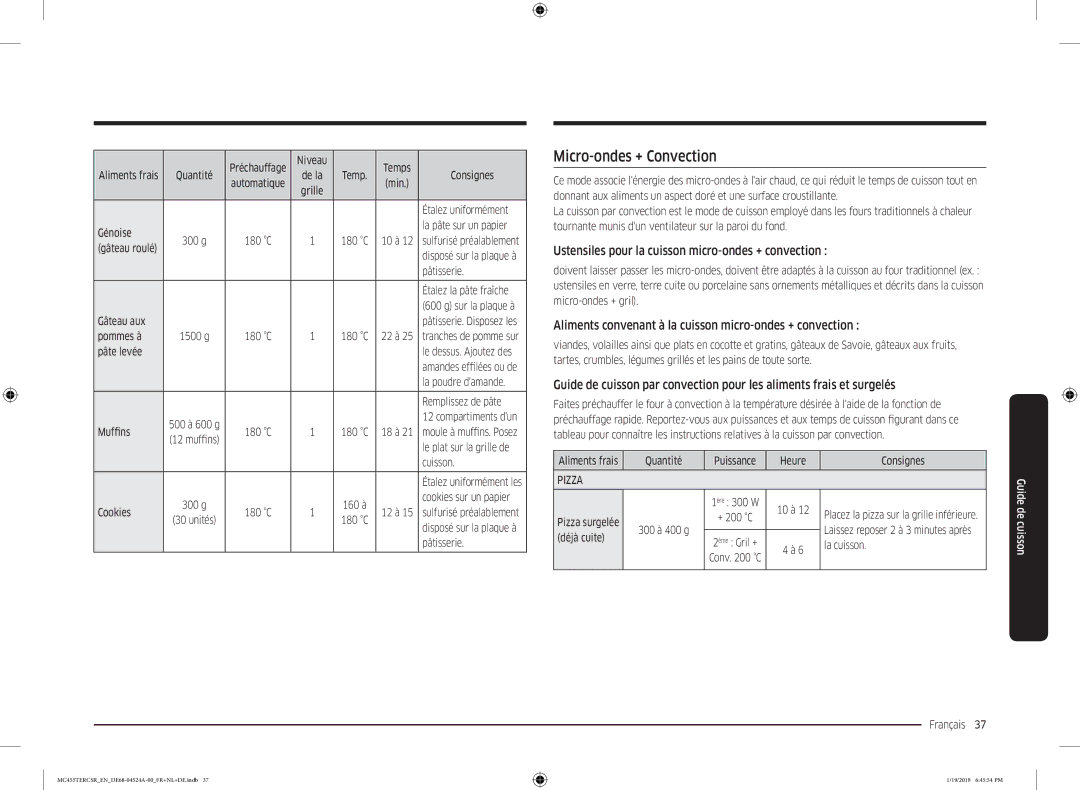 Samsung MC455TERCBB/EN manual Micro-ondes + Convection, Ustensiles pour la cuisson micro-ondes + convection, Pizza 