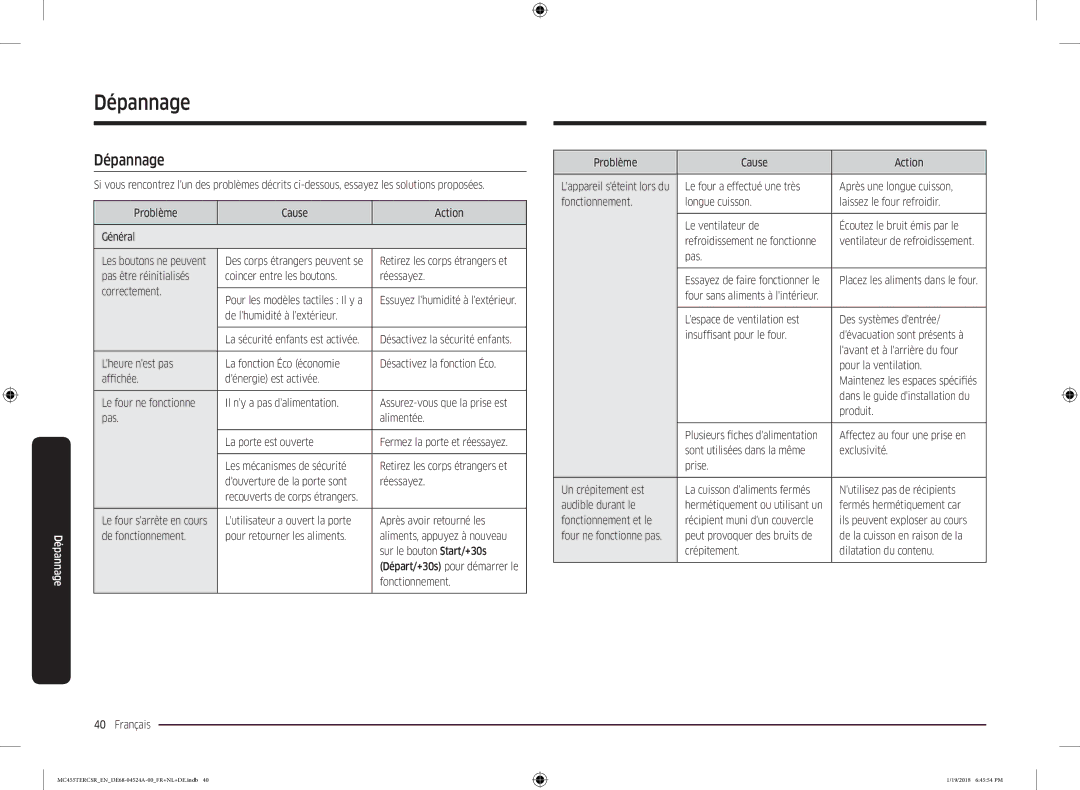 Samsung MC455TERCBB/EN manual Dépannage 