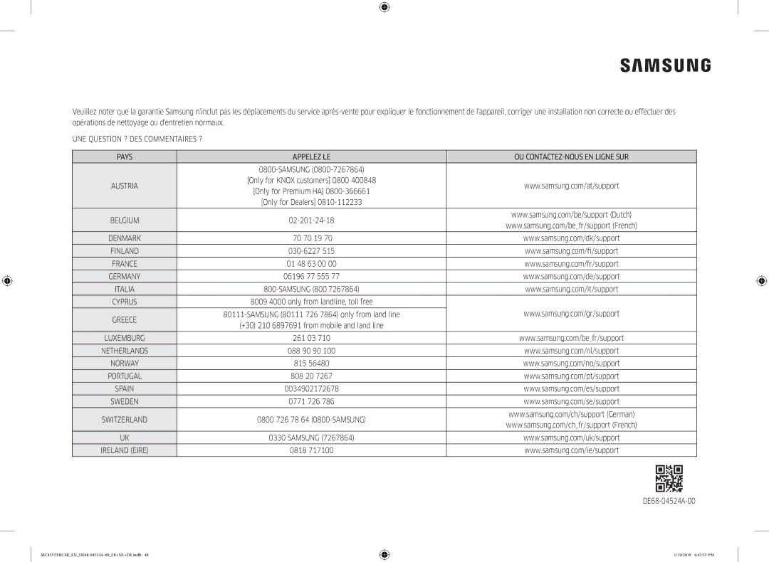 Samsung MC455TERCBB/EN manual DE68-04524A-00, 02-201-24-18 