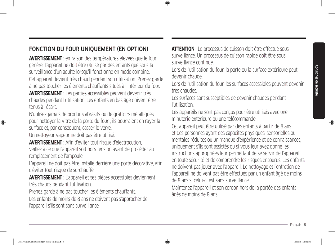 Samsung MC455TERCBB/EN manual Fonction DU Four Uniquement EN Option 