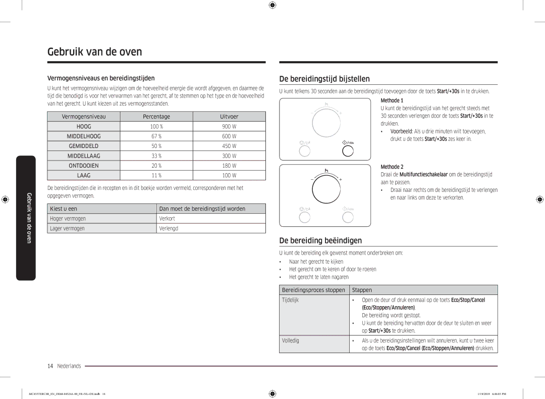 Samsung MC455TERCBB/EN manual De bereidingstijd bijstellen, De bereiding beëindigen, Vermogensniveaus en bereidingstijden 