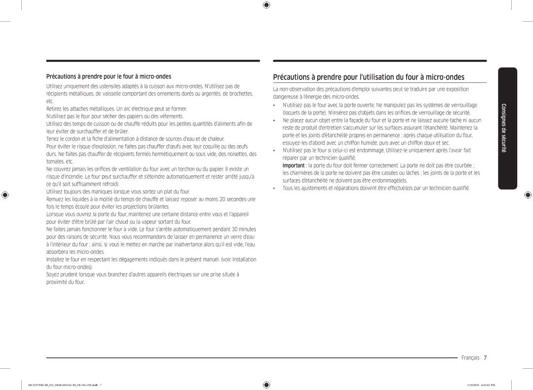 Samsung MC455TERCBB/EN manual Précautions à prendre pour le four à micro-ondes 