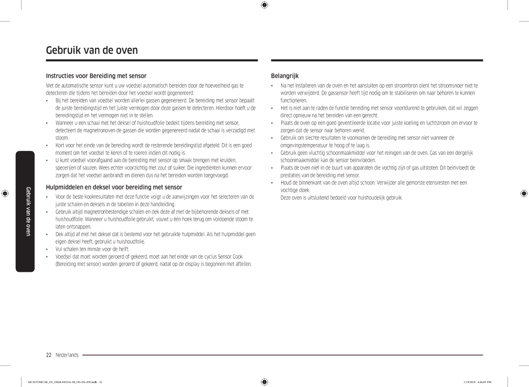 Samsung MC455TERCBB/EN Instructies voor Bereiding met sensor, Hulpmiddelen en deksel voor bereiding met sensor, Belangrijk 