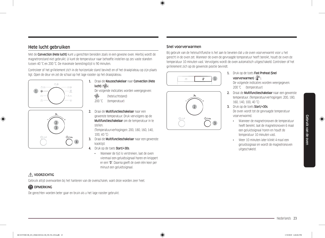 Samsung MC455TERCBB/EN manual Hete lucht gebruiken, Snel voorverwarmen 