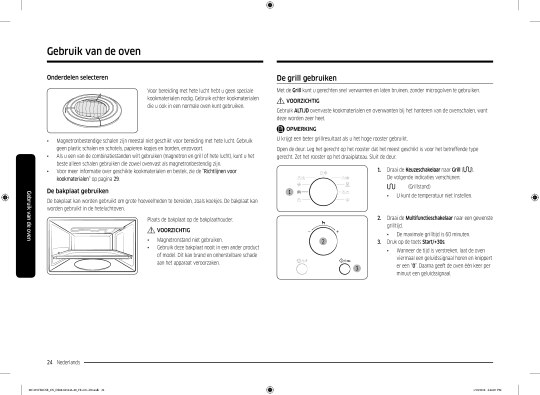 Samsung MC455TERCBB/EN manual De grill gebruiken, Onderdelen selecteren, De bakplaat gebruiken 