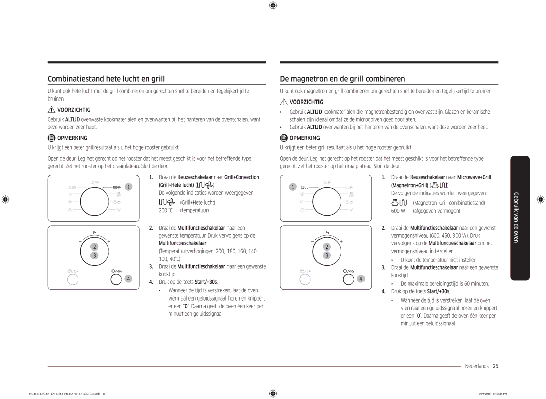 Samsung MC455TERCBB/EN manual Combinatiestand hete lucht en grill, De magnetron en de grill combineren, 100, 40C 
