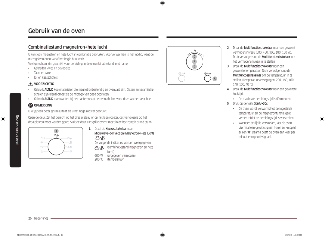 Samsung MC455TERCBB/EN manual Combinatiestand magnetron+hete lucht, Draai de Keuzeschakelaar naar, Afgegeven vermogen 