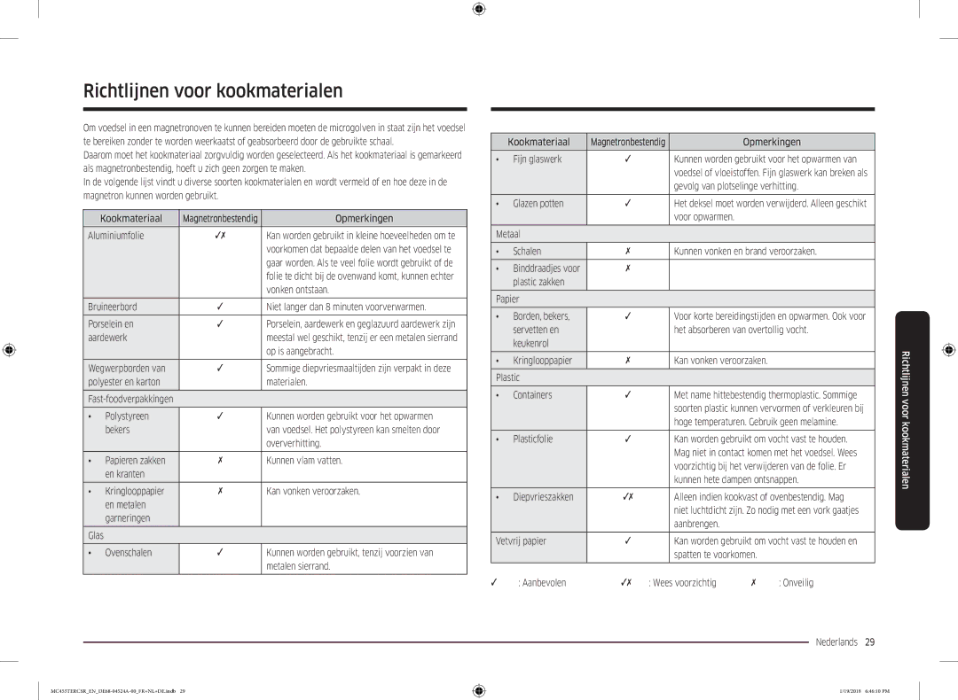 Samsung MC455TERCBB/EN manual Richtlijnen voor kookmaterialen 