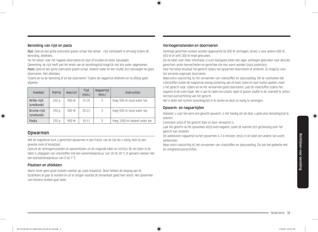 Samsung MC455TERCBB/EN manual Opwarmen, Bereiding van rijst en pasta, Plaatsen en afdekken, Vermogensstanden en doorroeren 