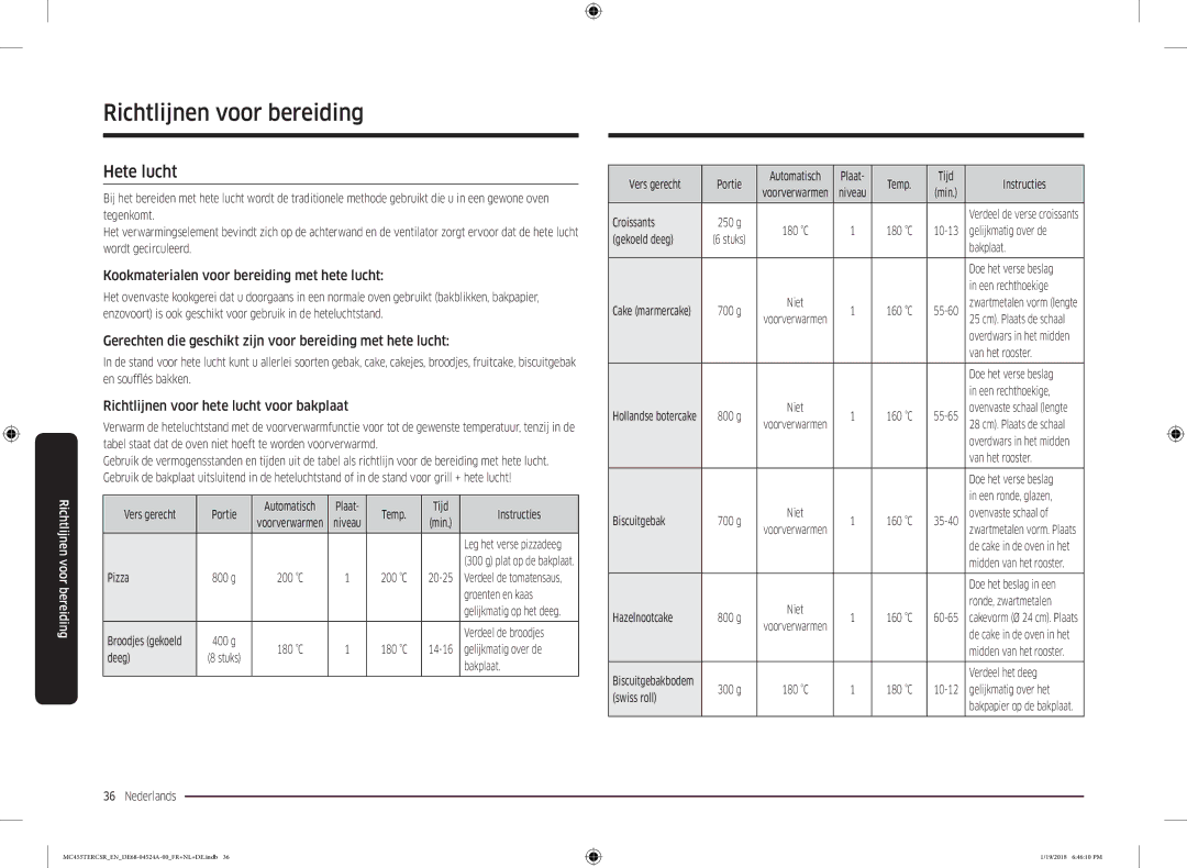Samsung MC455TERCBB/EN Hete lucht, Kookmaterialen voor bereiding met hete lucht, Richtlijnen voor hete lucht voor bakplaat 
