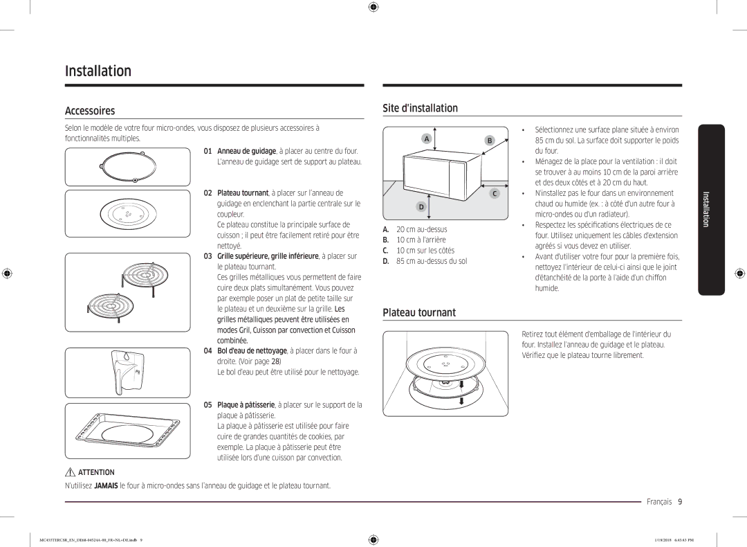 Samsung MC455TERCBB/EN manual Installation, Accessoires, Site dinstallation, Plateau tournant 