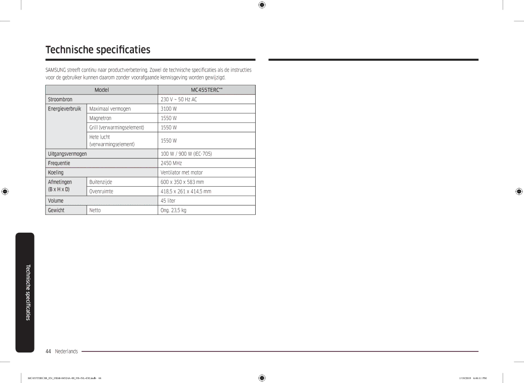 Samsung MC455TERCBB/EN manual Technische specificaties, Model 