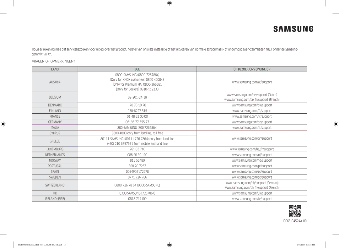 Samsung MC455TERCBB/EN manual Vragen of OPMERKINGEN? Land BEL Bezoek ONS Online OP, DE68-04524A-00 