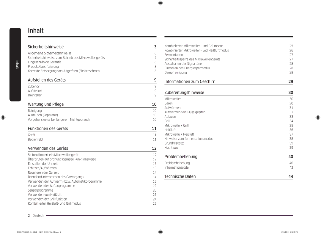 Samsung MC455TERCBB/EN manual Inhalt, Zubehör Aufstellort Drehteller, Gerät Bedienfeld, Problembehebung Informationscode 