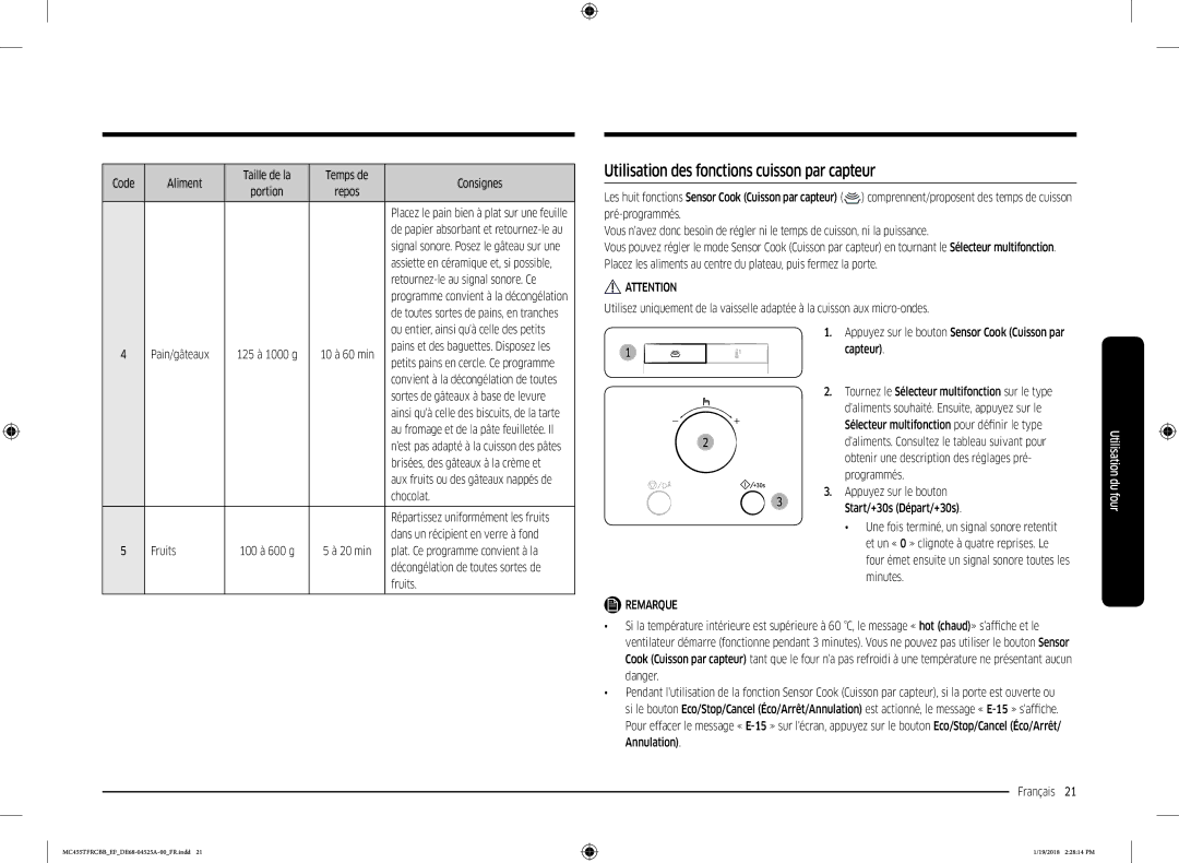 Samsung MC455TFRCBB/EF manual Utilisation des fonctions cuisson par capteur 