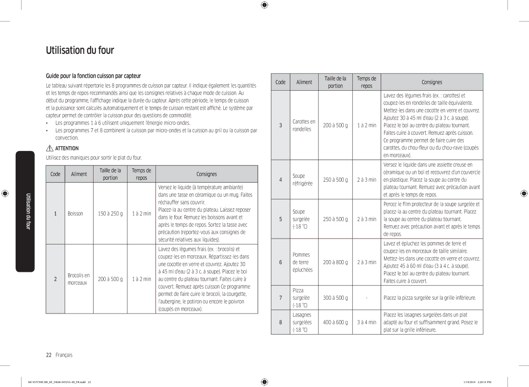 Samsung MC455TFRCBB/EF manual Guide pour la fonction cuisson par capteur 