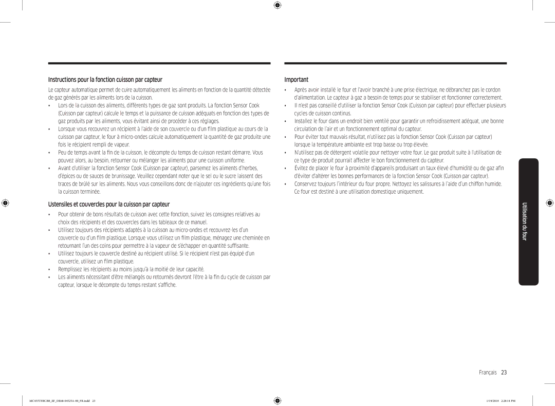 Samsung MC455TFRCBB/EF manual Instructions pour la fonction cuisson par capteur 