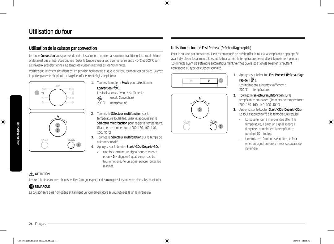 Samsung MC455TFRCBB/EF Utilisation de la cuisson par convection, Utilisation du bouton Fast Preheat Préchauffage rapide 