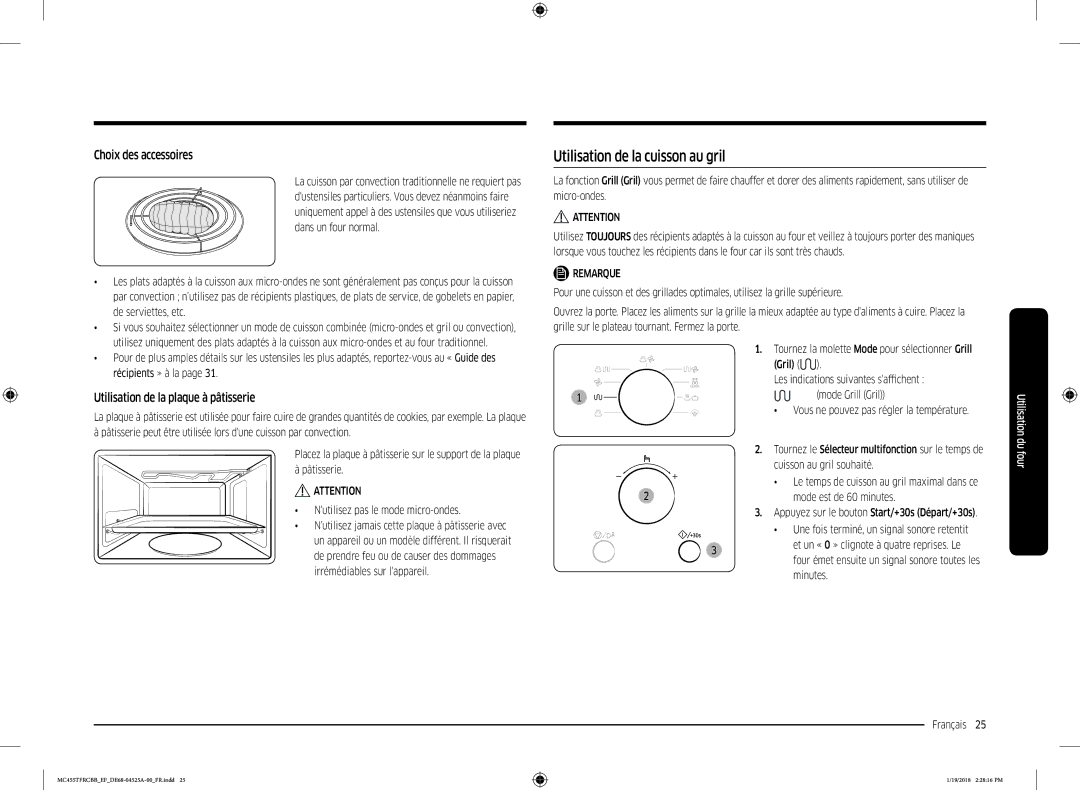 Samsung MC455TFRCBB/EF Utilisation de la cuisson au gril, Choix des accessoires, Utilisation de la plaque à pâtisserie 