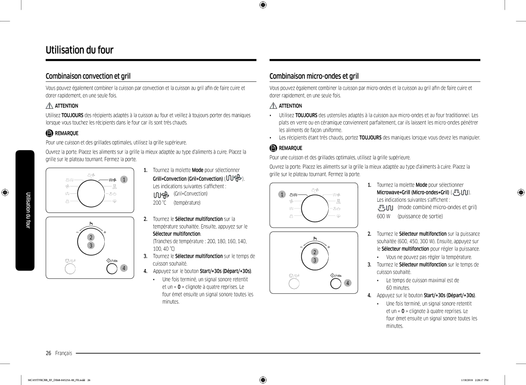 Samsung MC455TFRCBB/EF manual Combinaison convection et gril, Combinaison micro-ondes et gril 