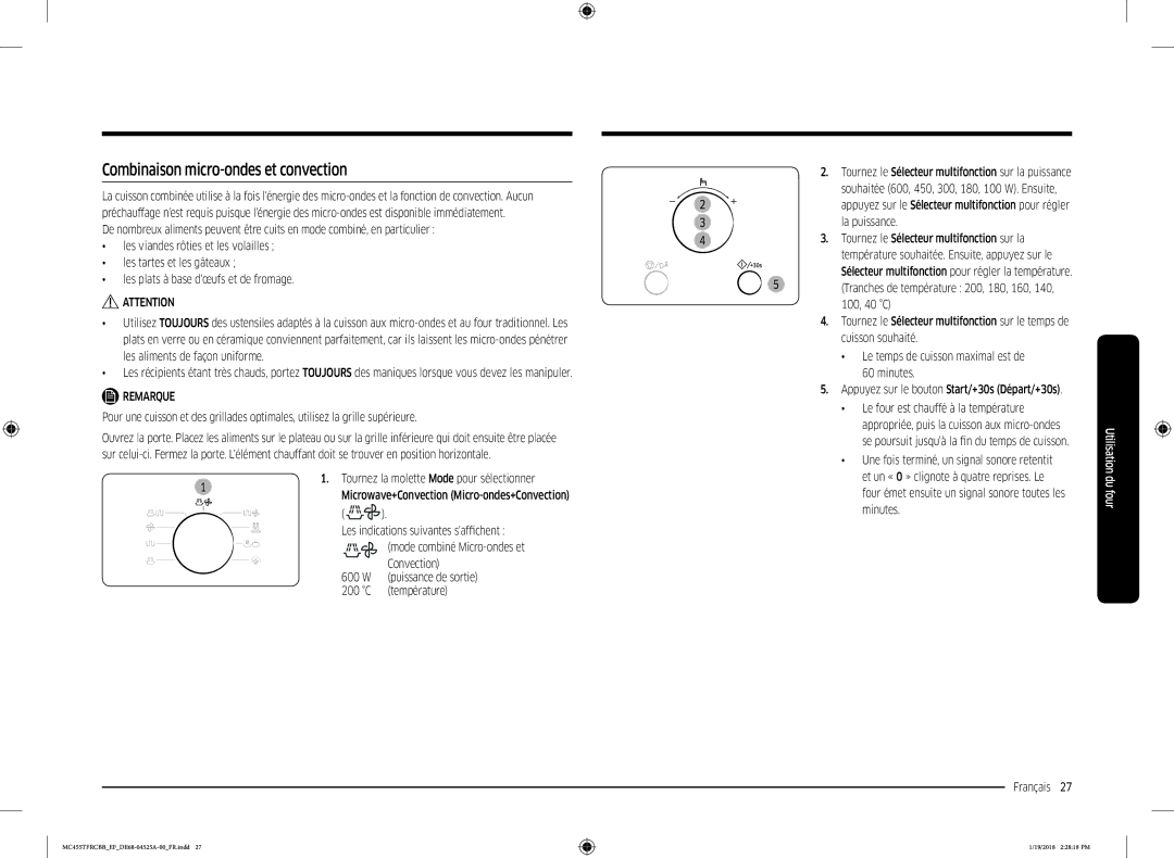 Samsung MC455TFRCBB/EF manual Combinaison micro-ondes et convection, Mode combiné Micro-ondes et, Convection, La puissance 