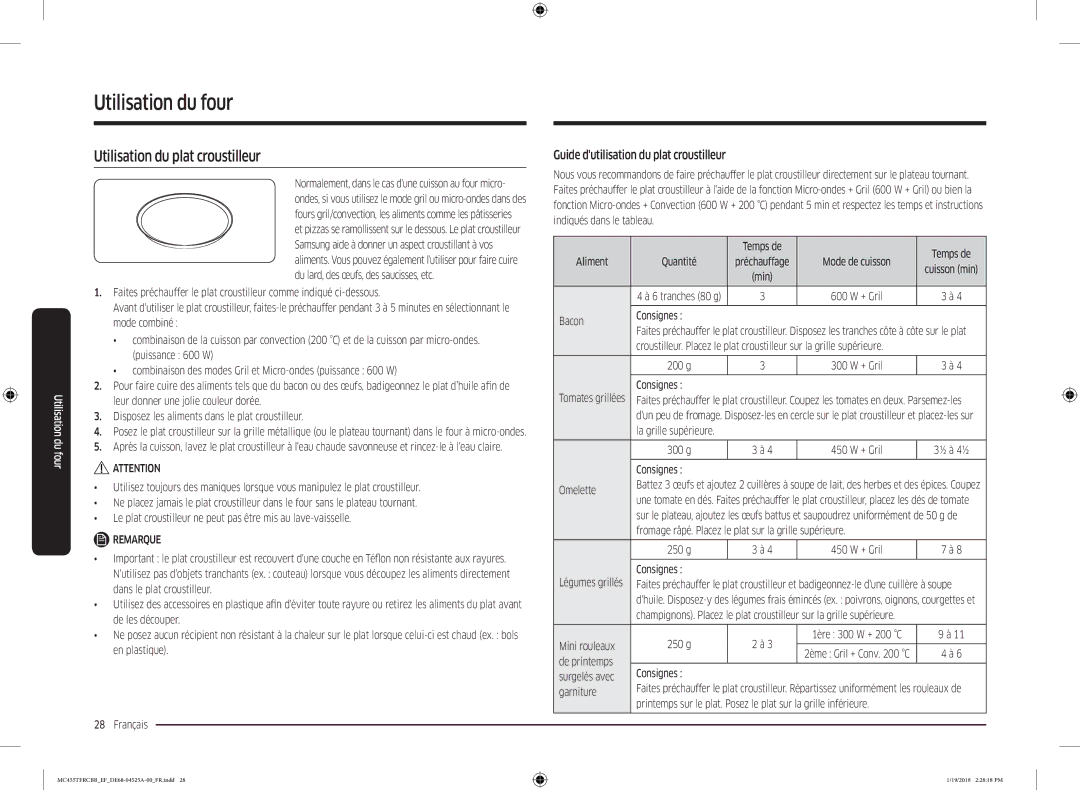 Samsung MC455TFRCBB/EF manual Utilisation du plat croustilleur, Guide dutilisation du plat croustilleur 