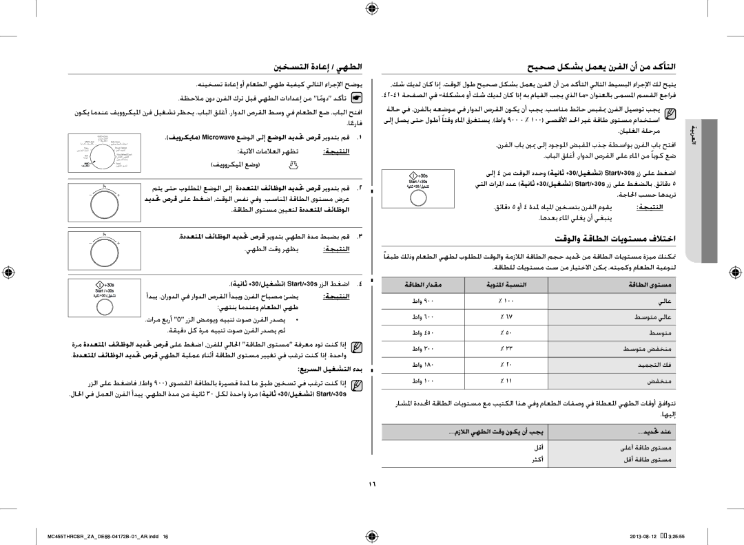 Samsung MC455THRCSR/ZA manual ينخستلا ةداعإ / يهطلا, حيحص لكشب لمعي نرفلا نأ نم دكأتلا, تقولاو ةقاطلا تايوتسم فلاتخا 