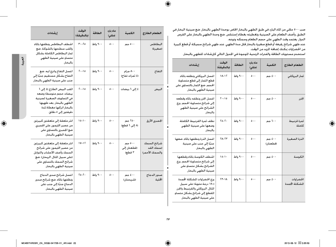 Samsung MC455THRCSR/YA, MC455THRCSR/SG, MC455THRCSR/ZA manual تاداشرإ تقولا ةقاطلا, ةيمكلا جزاطلا ماعطلا ةقيقدلاب يللم 