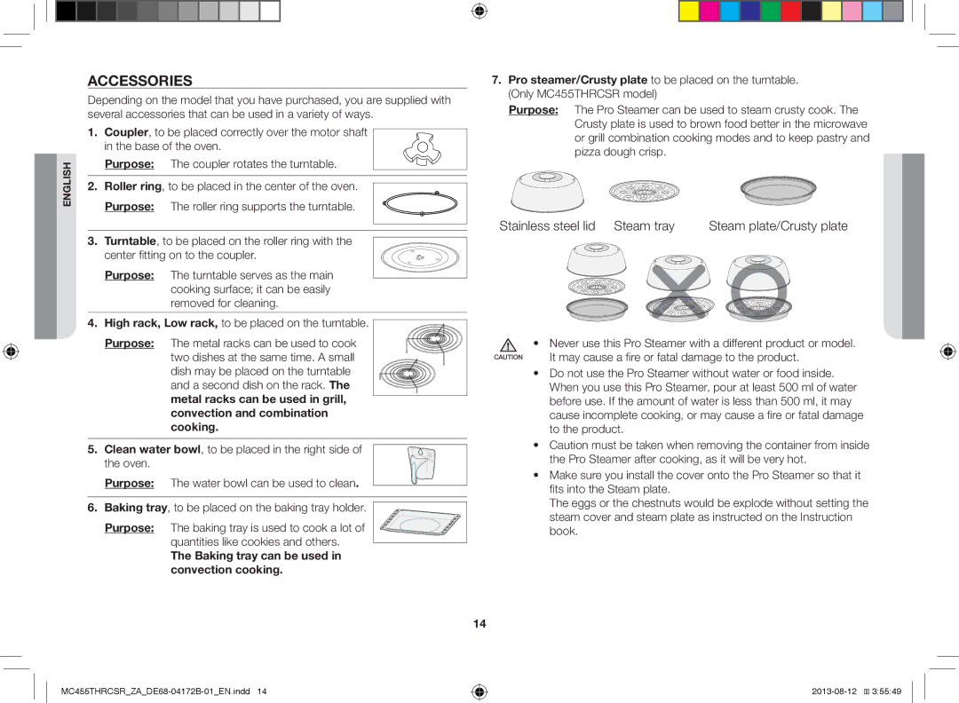 Samsung MC455THRCSR/YA, MC455THRCSR/SG manual Accessories, Stainless steel lid Steam tray, Steam plate/Crusty plate 