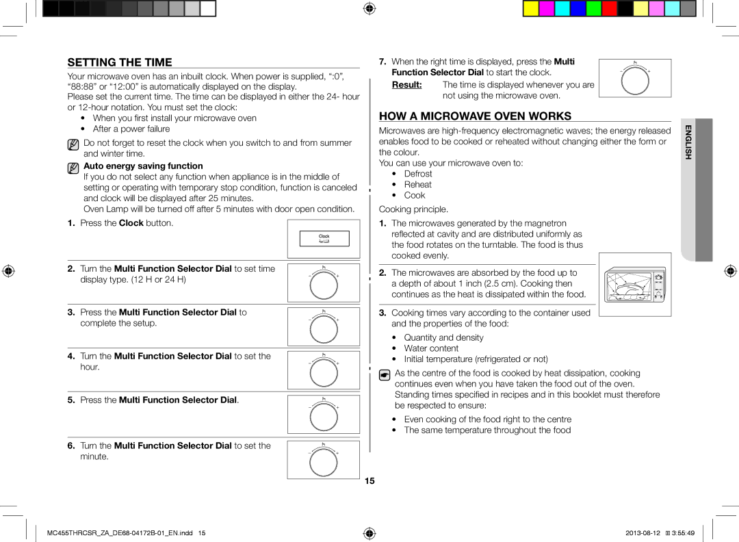 Samsung MC455THRCSR/SG, MC455THRCSR/ZA manual Setting the Time, HOW a Microwave Oven Works, Auto energy saving function 