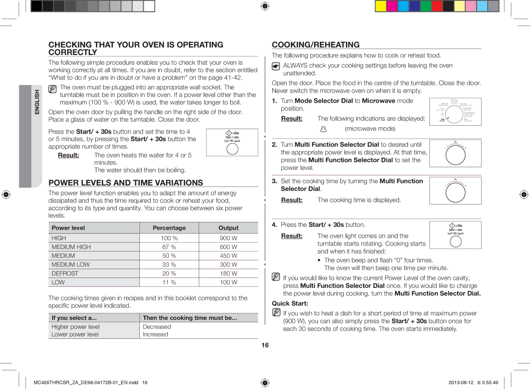 Samsung MC455THRCSR/ZA Checking That Your Oven is Operating Correctly, Power Levels and Time Variations, Cooking/Reheating 