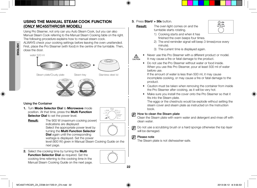 Samsung MC455THRCSR/ZA, MC455THRCSR/SG Using the Manual Steam Cook Function only MC455THRCSR Model, Using the Container 