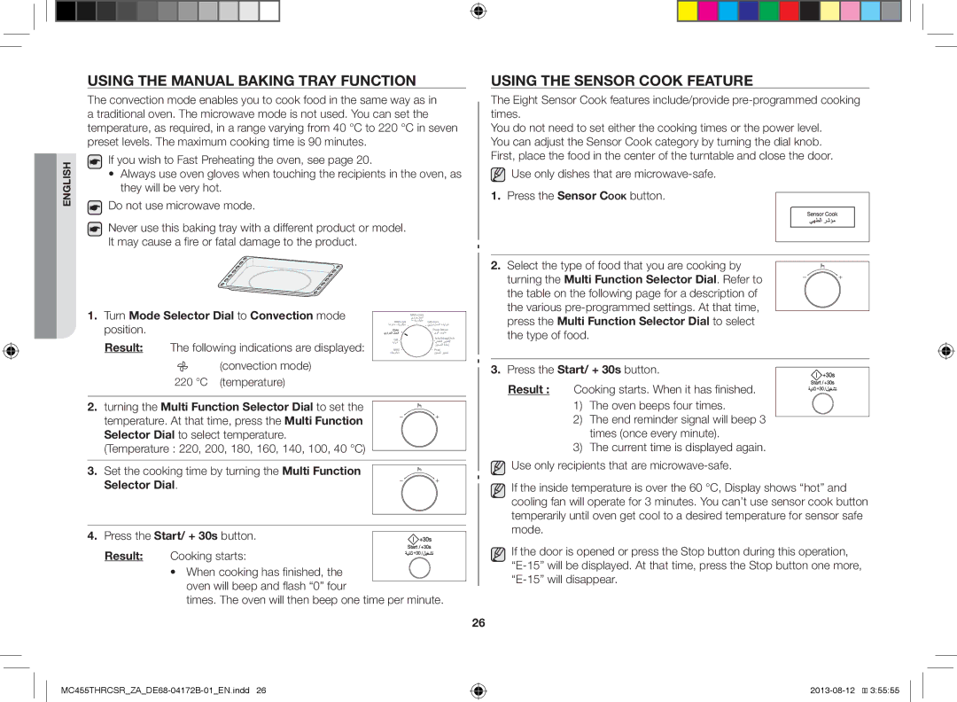 Samsung MC455THRCSR/YA, MC455THRCSR/SG, MC455THRCSR/ZA Using the Manual Baking Tray Function, Using the Sensor Cook Feature 