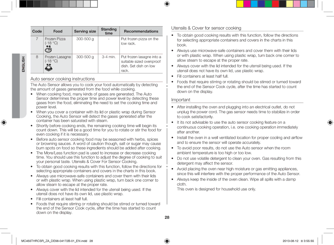 Samsung MC455THRCSR/ZA, MC455THRCSR/SG manual Auto sensor cooking instructions, Utensils & Cover for sensor cooking 