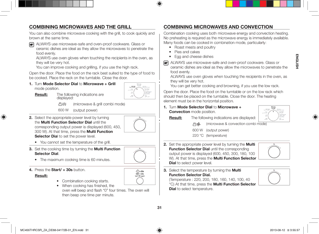 Samsung MC455THRCSR/ZA, MC455THRCSR/SG manual Combining Microwaves and the Grill, Combining Microwaves and Convection 