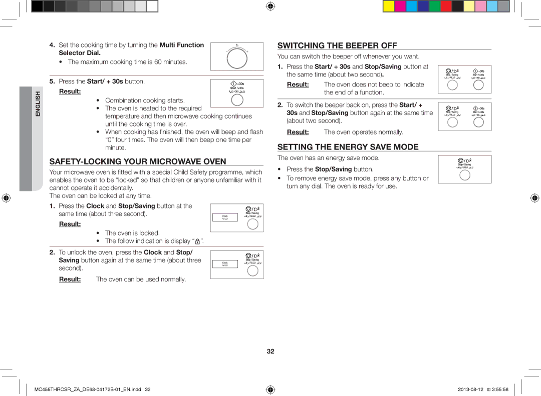 Samsung MC455THRCSR/YA manual SAFETY-LOCKING Your Microwave Oven, Switching the Beeper OFF, Setting the Energy Save Mode 