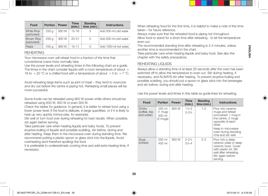 Samsung MC455THRCSR/YA, MC455THRCSR/SG, MC455THRCSR/ZA manual Reheating, Food Portion Power Time Standing Instructions Min 