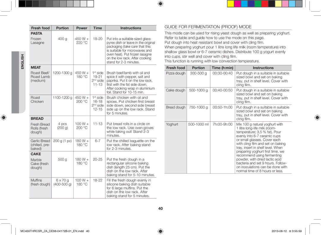 Samsung MC455THRCSR/ZA, MC455THRCSR/SG, MC455THRCSR/YA manual Pasta, Fresh food Portion Time hmin Instructions 