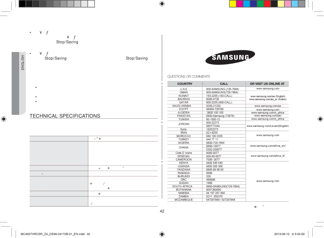 Samsung MC455THRCSR/SG, MC455THRCSR/ZA, MC455THRCSR/YA Technical Specifications, Code No. DE68-04172B-01, Message indicates 