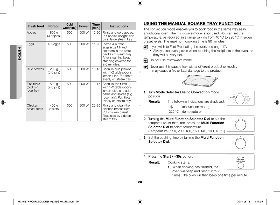 Samsung MC455THRCSR/SG manual Using the Manual Square Tray Function, Turn Mode Selector Dial to Convection mode position 