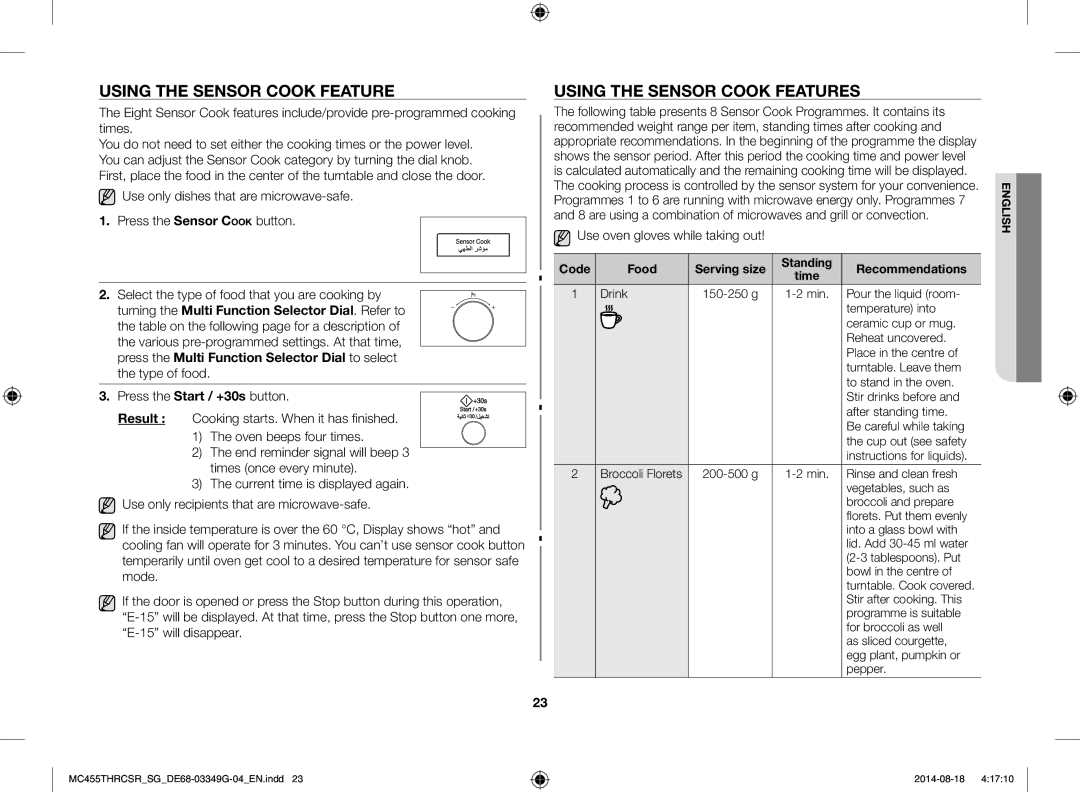 Samsung MC455THRCSR/SG manual Using the Sensor Cook Features, Use oven gloves while taking out 