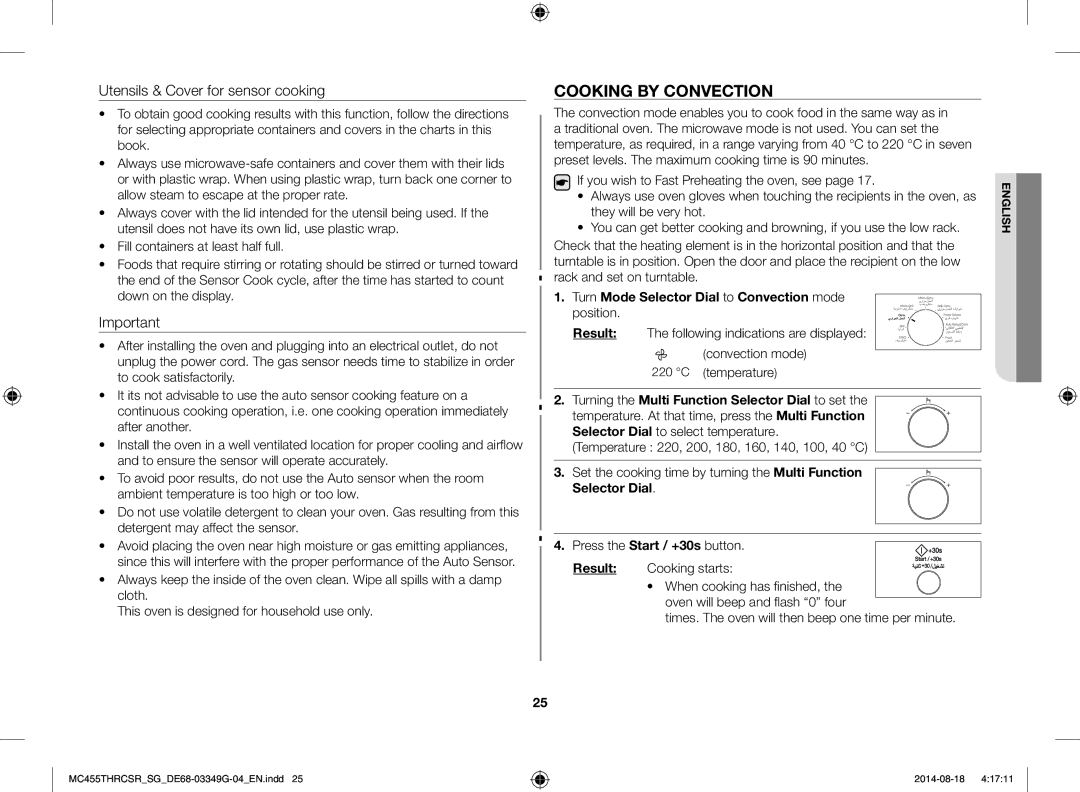 Samsung MC455THRCSR/SG manual Cooking by Convection, Utensils & Cover for sensor cooking, Rack and set on turntable 