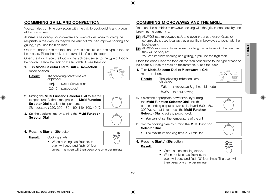 Samsung MC455THRCSR/SG manual Combining Grill and Convection, Combining Microwaves and the Grill 