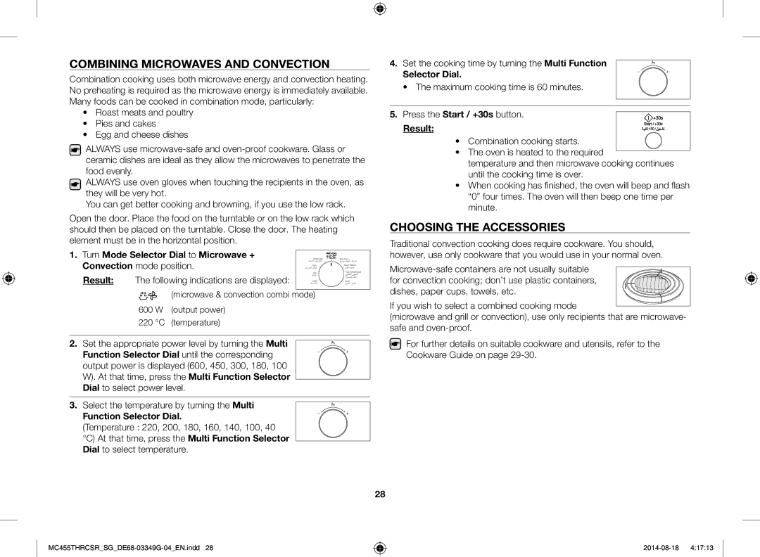 Samsung MC455THRCSR/SG manual Combining Microwaves and Convection, Choosing the Accessories, Function Selector Dial 